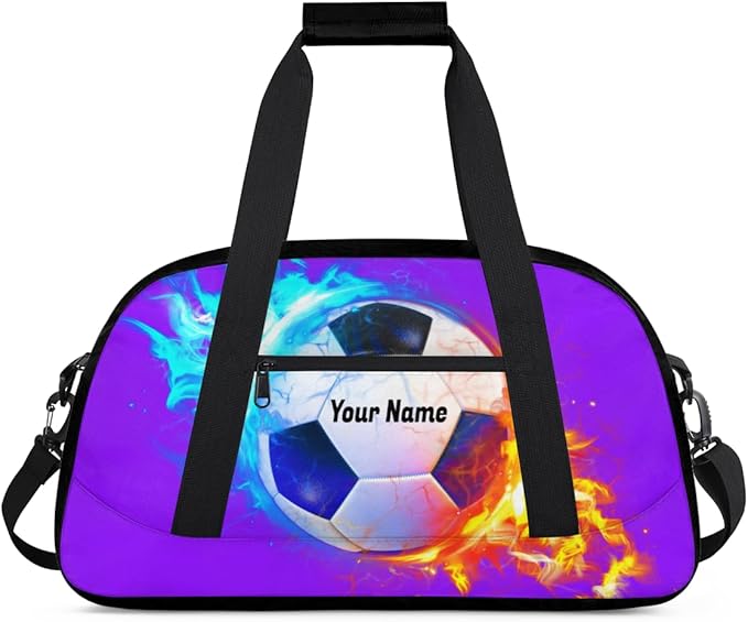 Purple Soccer Personalized Duffel Bag for Girls Boys Custom Name Sport Gym Bag Small Overnight Weekender for Traveling Gymnastic Ballet