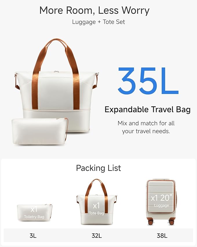 Carry On Luggage 22 x 14 x 9 Airline Approved, H1F Front Pocket Hardside Suitcase with Spinner Wheels, TSA Lock, Includes Tote Bag (FX-Lite, Beige, 3 Piece Sets)