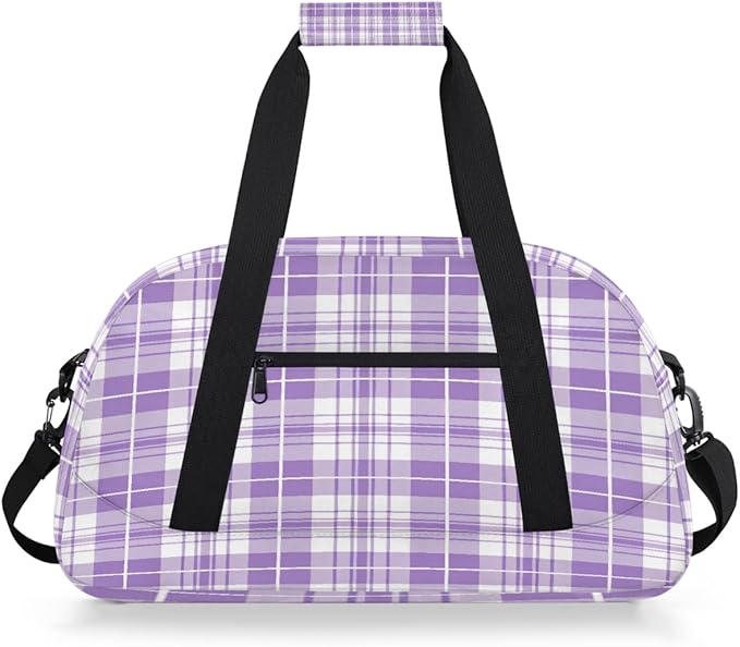 Purple White Plaid Pattern Sports Duffel Bags, Water-Resistant Gym Duffle Bag for Men Women, Lightweight Weekender Overnight Bag for Fitness, Workout, Travel