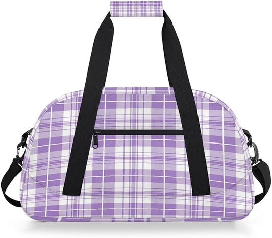 Purple White Plaid Pattern Sports Duffel Bags, Water-Resistant Gym Duffle Bag for Men Women, Lightweight Weekender Overnight Bag for Fitness, Workout, Travel