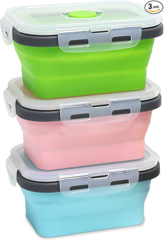 Small Collapsible Silicone Food Storage Container 3 Pack, Silicone Storage Containers for Snack, Fruit(Small, 12 Oz), Stackable, Space Saving, Portion Control
