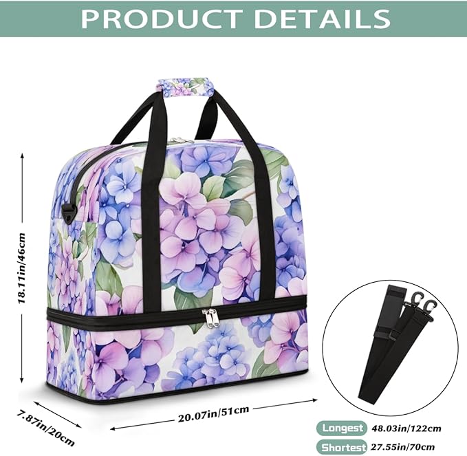 Purple Hydrangea Floral Flower Large Weekender Bag with Shoe Compartment Travel Duffel Bags for Women Carry On Hospital Overnight Bag Foldable Personal Item Travel Bags Tote Gym Sports Airplanes