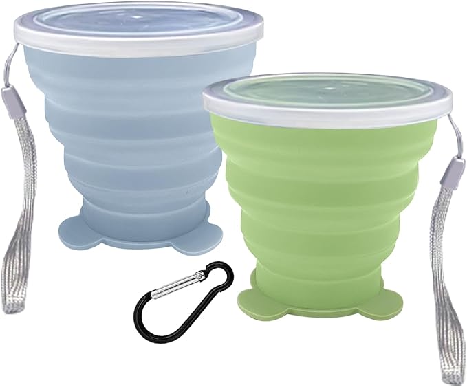 2 Pcs Collapsible Cups, Silicone Collapsible TravelCup, Expandable Folding Camping Drinking Cup with Lids Reusable Small Portable Mugs-Cup for Travel, Camping, Hiking,Outdoors (Light Blue&Green)