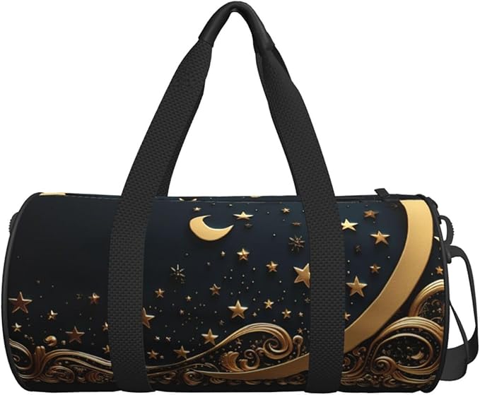 Golden background and crescent moon Sports Gym Bag for Women Men Travel Duffel Bag Tote Weekender Bag Canvas Carry on Overnight Bag for Travel Swimming Fitness Workout Sports Duffle Bag
