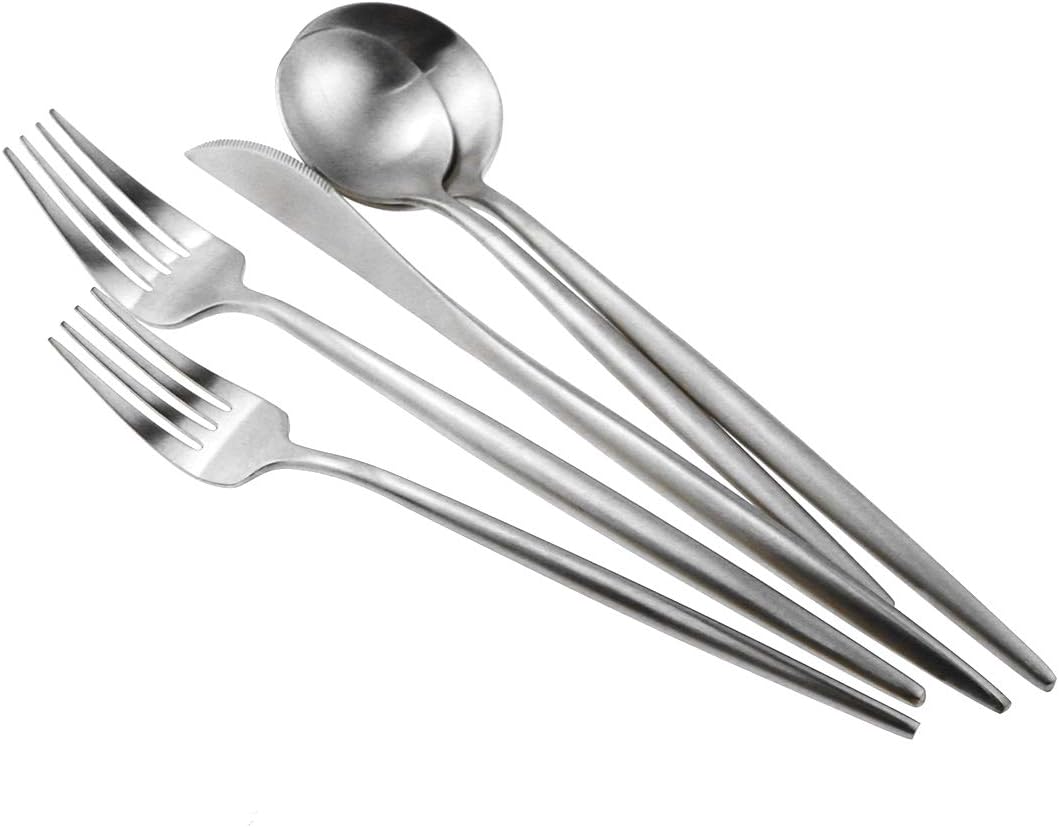 Gugrida 20-Piece 18/10 Stainless Steel Flatware Silverware, Luxury Dinnerware Set Travel Cutlery Tableware Include Knife Fork Spoon Service for 4,Healthy & Eco-Friendly Dishwasher Safe (Silver Matte)