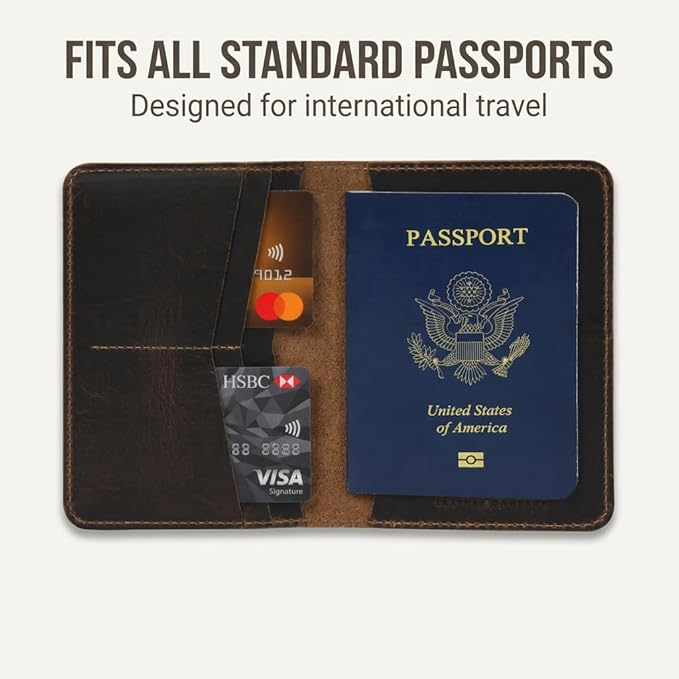Rustique Leather Passport Holder Collection - Handmade Travel Wallet & Organizer - Full Grain Crazy Horse Leather Covers for Men & Women (Multiple Styles) (Standard Passport Cover - Smoky Bourbon)