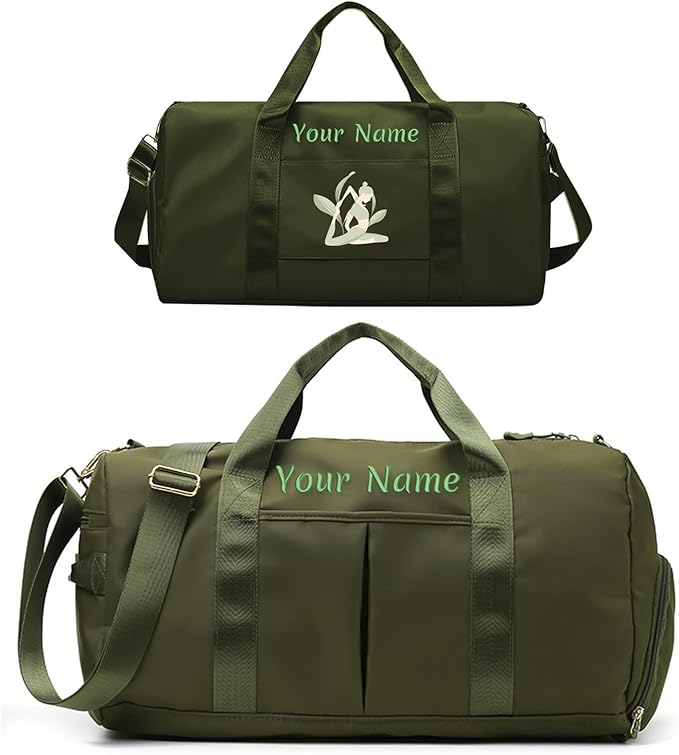 Custom Duffle Bag, Personalized Embroidered Sports Gym Bag for Women/Men, Travel Bag with Double-Sided Customization and Separate Wet and Dry Pockets and Shoe Bags-Army green
