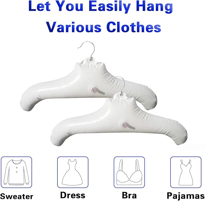 5pcs Inflatable Hanger Travel, White Round Shoulder, Portable Folding Clothes Drying Rack with Metal Hook Space Saving Coat Storage Set Foldable