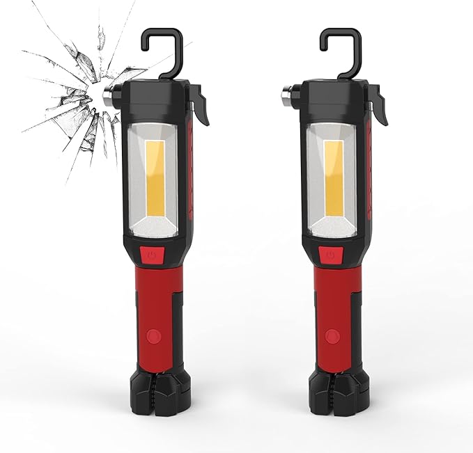 Maksone 2 Pack 9-in-1 Emergency Auto Tool with Flashlight, Window Breaker & Seat Belt Cutter, Magnetic LED Work Light with Hook for Car Repair, Camping, and Emergency Use (Battery Included)