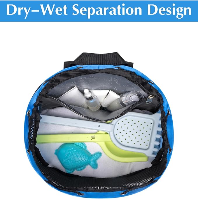 Drawstring Backpack Sandproof Beach Backpack with Shoe Compartment & Wet Pocket Waterproof Mesh Swim Bag Pool Bag for Gym, Travel and Workout Gear (Blue)