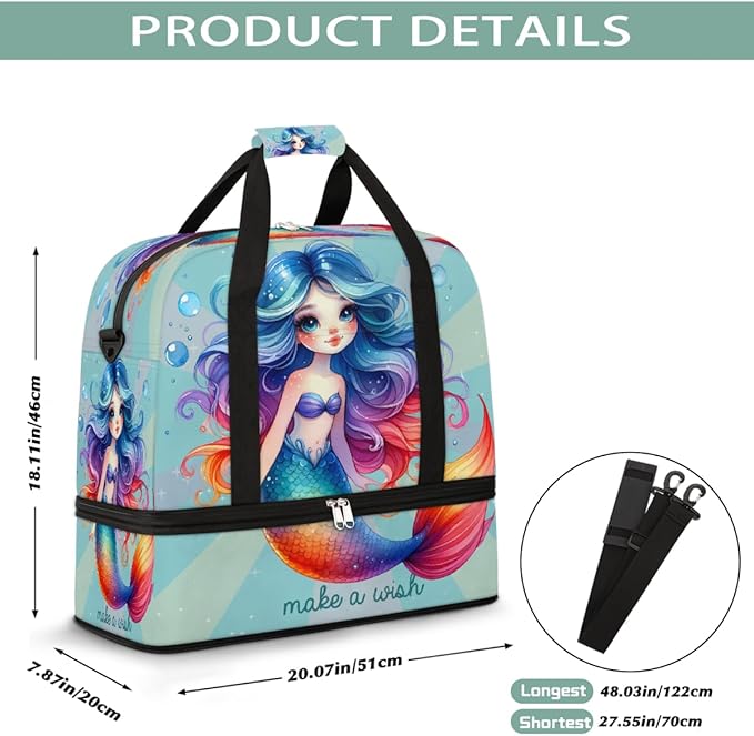 Rainbow Mermaid Girls Large Weekender Bag with Shoe Compartment Travel Duffel Bags for Women Carry On Hospital Overnight Bag Foldable Personal Item Travel Bags Tote Gym Sports Airplanes