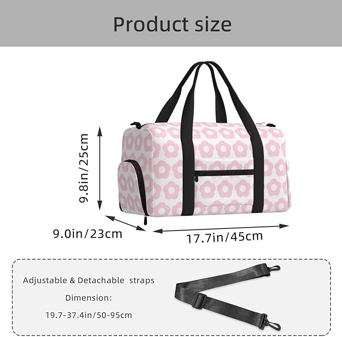 Cute Pink Floral Pattern Retro Women'S Gym Duffle Bag With Shoes Compartment, Ideal For Travel, Gym, Sports, Duffel, Weekender
