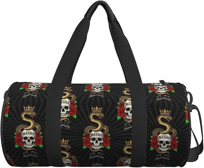 Round Duffel Sports Equipment Bags, Travel Gym Fitness Bag Colorful Tattoo Vintage Snake Skull King for Yoga Workout Swim