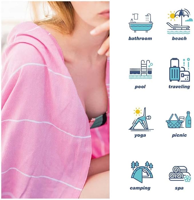 Hencely Turkish Beach Towel 37x68 Oversized, Sand-Free, Quick-Dry, Lightweight - Travel Essential for Pool & Bath - Striped 100% Cotton Bathroom Towels Accessories Gift (Light Pink)