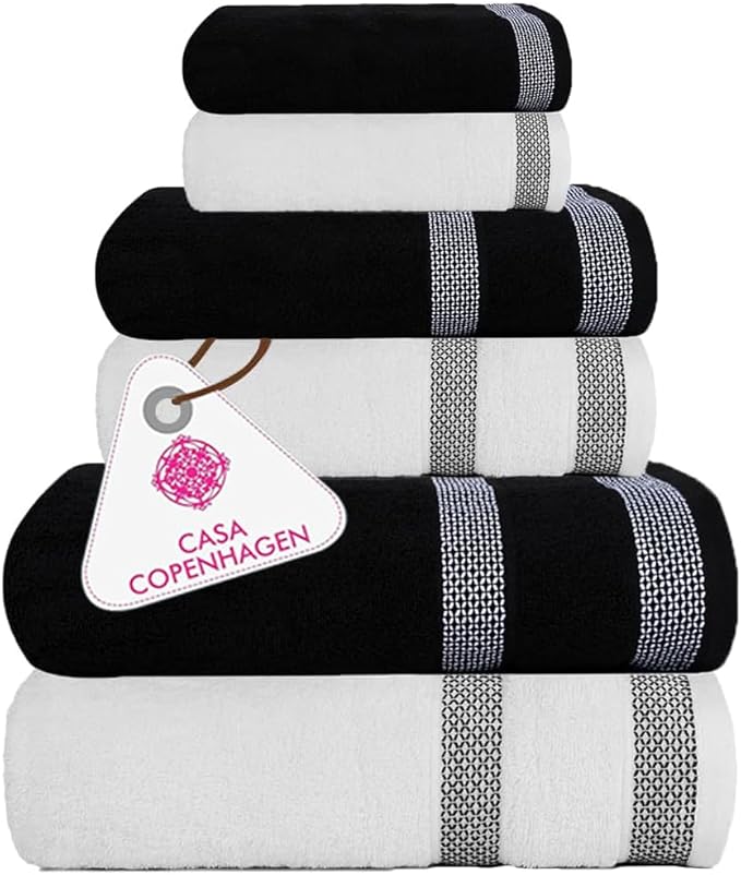 CASA COPENHAGEN Solitaire 6Pcs 100% Egyptian Cotton Large Designer Towels Gift Set- White-Jet Black, 600GSM, 2Bath 2Hand 2Washcloths, Bath Towels for Bathroom Set for Women & Men