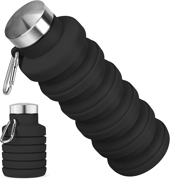 Collapsible Water Bottle, 16oz Portable Reusable Silicone Water Bottle, BPA-Free Leak-Proof Foldable Design with Carabiner, Lightweight Durable for Gym, Travel, Camping, Hiking, Sports-Black