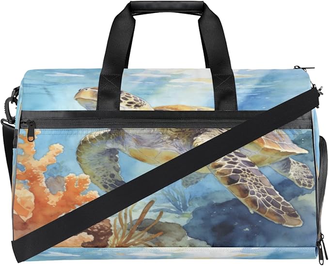 Ocean Turtle Design Sports Gym Bag with Wet Pocket & Shoes Compartment Waterproof Workout Duffel Bag for Women and Men Weekender Overnight Duffle Bag Travel Carry-on Tote