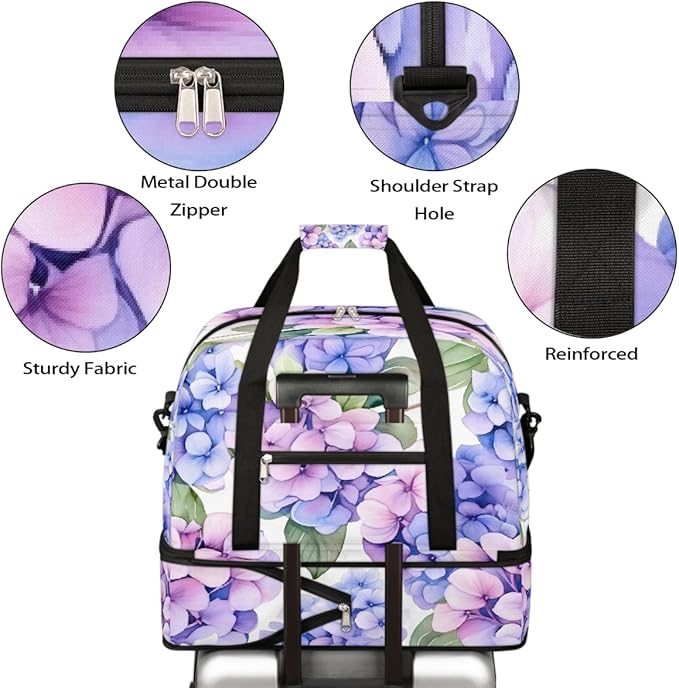 Purple Hydrangea Floral Flower Large Weekender Bag with Shoe Compartment Travel Duffel Bags for Women Carry On Hospital Overnight Bag Foldable Personal Item Travel Bags Tote Gym Sports Airplanes