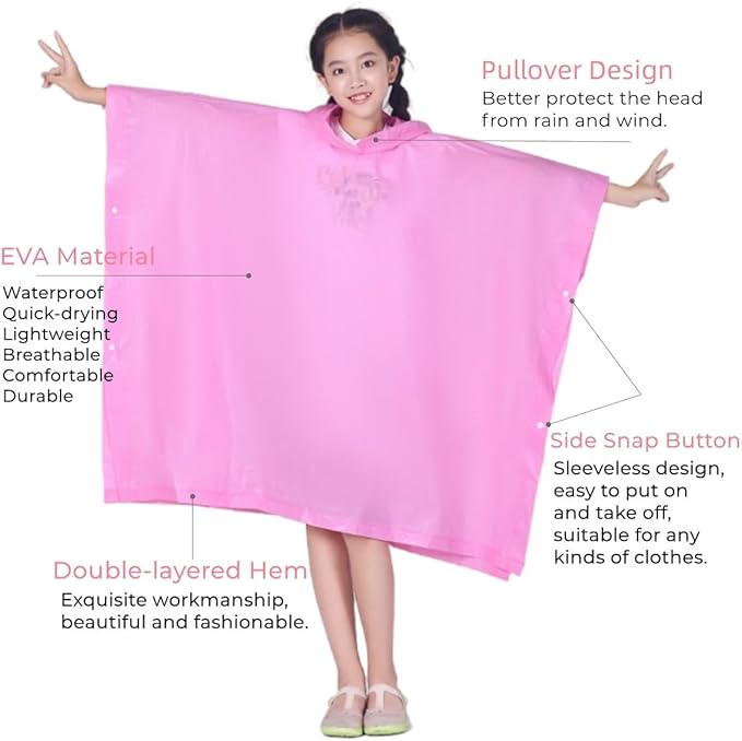 Rain Poncho for Kids (2 Pack), Reusable EVA Children Raincoat Ponchos Rain Jacket with Hood for 6-14 Girls Boys