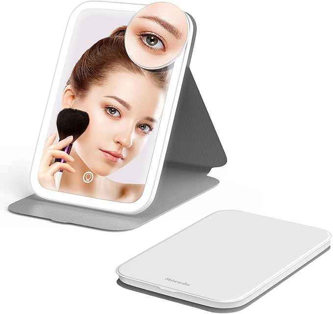 Mocado Travel Makeup Mirro with Lights, 360° Rotation Lighted Makeup Mirror, Portable Mirror with 10x Magnification, 60LEDs 3 Color Lightings, Dimmable Touch Screen, Tabletop Light up(White)