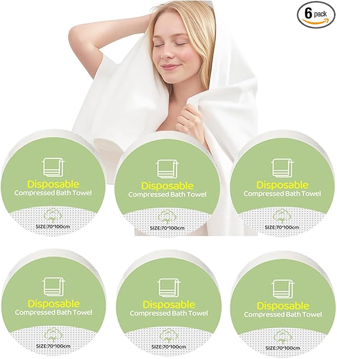 6PCS Compressed Bath Towel Tablets for Travel, Disposable Towels for Camping, Hiking & Hotels, Fast Absorbing Portable Travel Bath Towels, Individually Wrapped 27.5 x 40 Inch