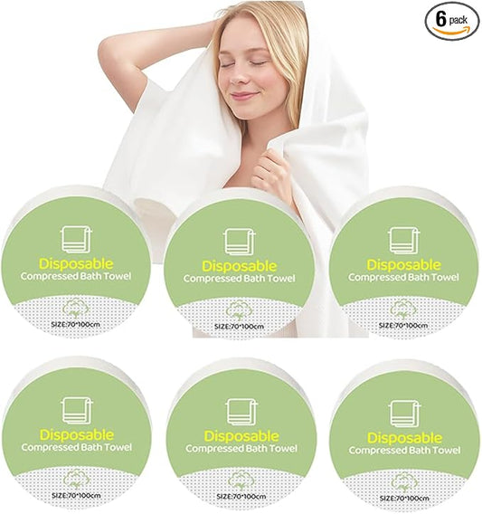 6PCS Compressed Bath Towel Tablets for Travel, Disposable Towels for Camping, Hiking & Hotels, Fast Absorbing Portable Travel Bath Towels, Individually Wrapped 27.5 x 40 Inch
