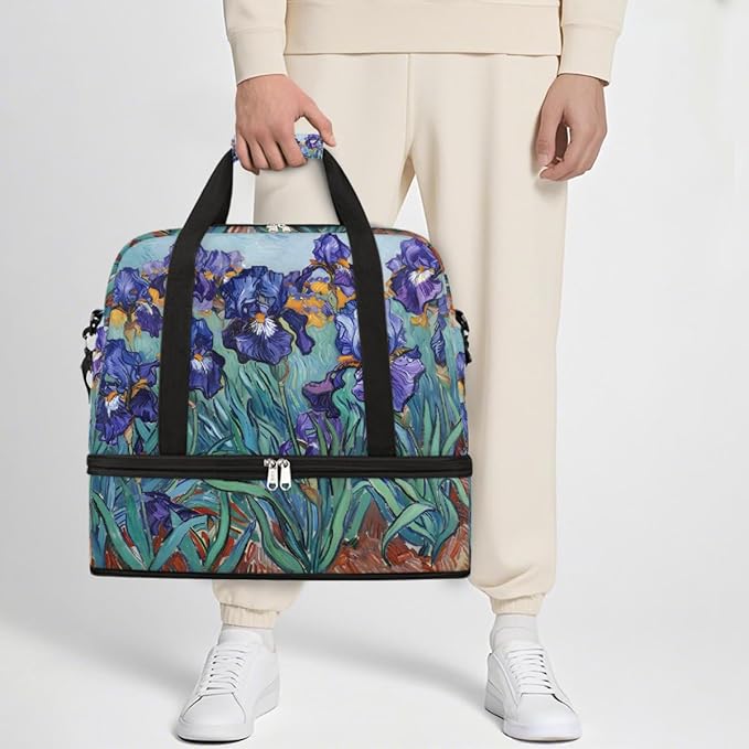 Purple Flowers Green Leaves Large Weekender Bag with Shoe Compartment Travel Duffel Bags for Women Carry On Hospital Overnight Bag Foldable Personal Item Travel Bags Tote Gym Sports Airplanes