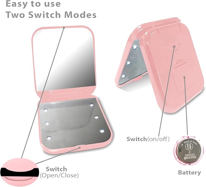 Compact Pink Travel Mirror - 3X Magnification & LED Lights for Makeup - Folding Handheld Mirror