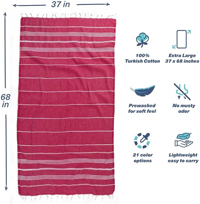 Hencely Turkish Beach Towel 37x68 Oversized, Sand-Free, Quick-Dry, Lightweight - Travel Essential for Pool & Bath - Striped 100% Cotton Bathroom Towels Accessories Gift (Red)
