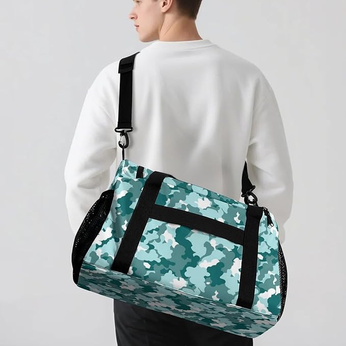 Duffle Bag, Personalized Name Camouflage Camo Teal Blue Pattern Travel Bag, Lightweight Gym Training Sports Bags Custom Unisex Gifts for Men Women