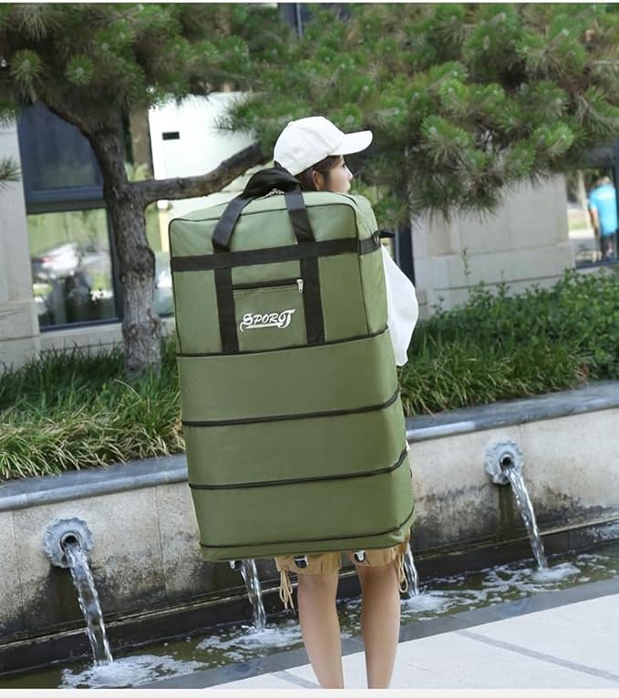 Expandable Extra Large Travel Oxford Duffel Bag with Wheels Waterproof Lightweight Traveling Foldable Suitcase (Green, L - 6 wheels)