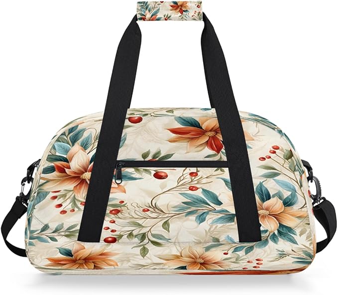 Sports Duffel Bags, Poinsettia Red Berries Water-Resistant Gym Duffle Bag for Men Women, Lightweight Weekender Overnight Bag for Fitness, Workout, Travel
