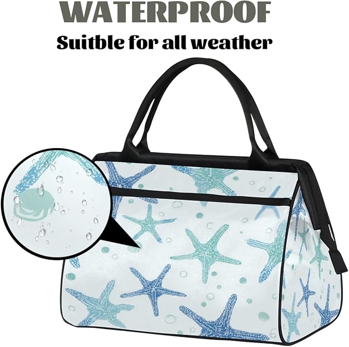 Gym Bag for Women Men, Teal Blue Starfish Pattern Sports Duffel Bags, Waterproof Travel Weekender Overnight Carry On Tote Bags for Travel Sports