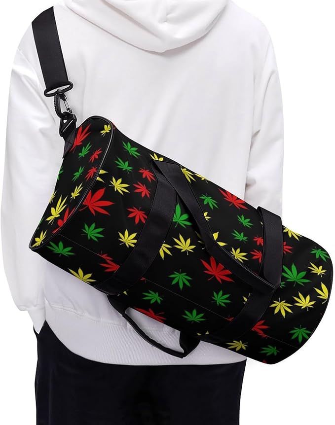 Foldable Gym Bag Rasta Flag Red Yellow Green Jamaican Weedleaf Leaves Black Lightweight Travel Sports Bag Carry On Weekender Overnight Bags Beach Yoga Bags