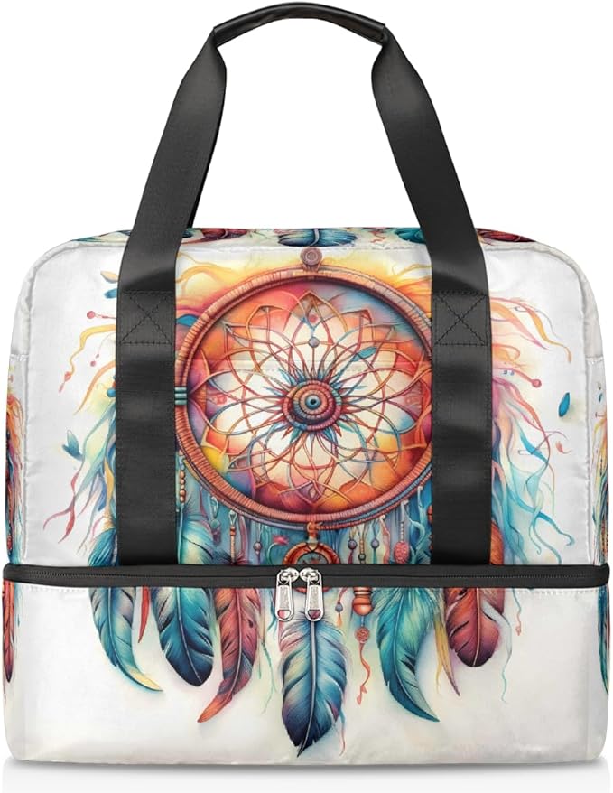 Colorful Dream Catcher Pattern Sports Tote Gym Bag for Women Men, Travel Duffel Bag with Shoe Compartment Large Capacity Workout Overnight Bag for Fitness Yoga Swimming Weekend