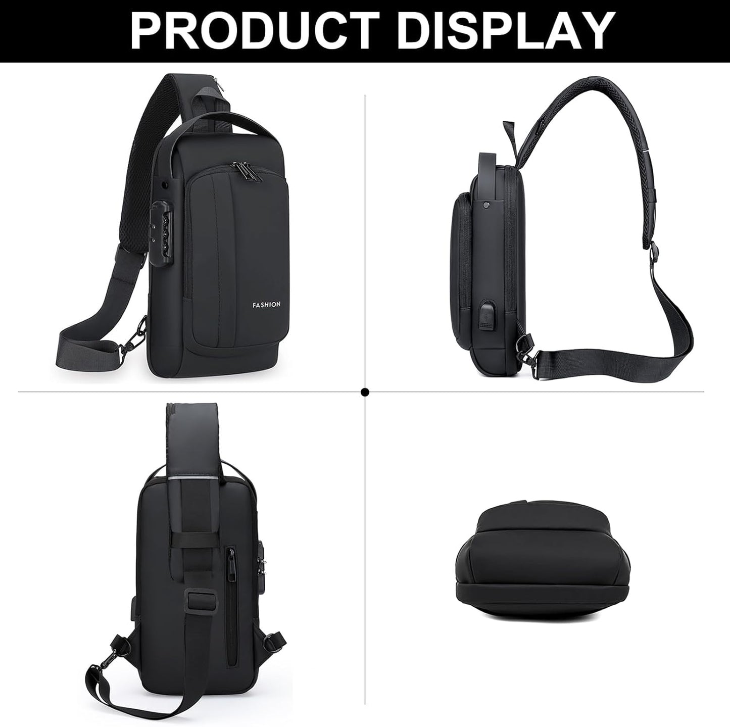 Sling Bag for Men Anti-theft USB Crossbody Shoulder Backpack Purse Waterproof PU Leather Chest Bag Travel Daily Use