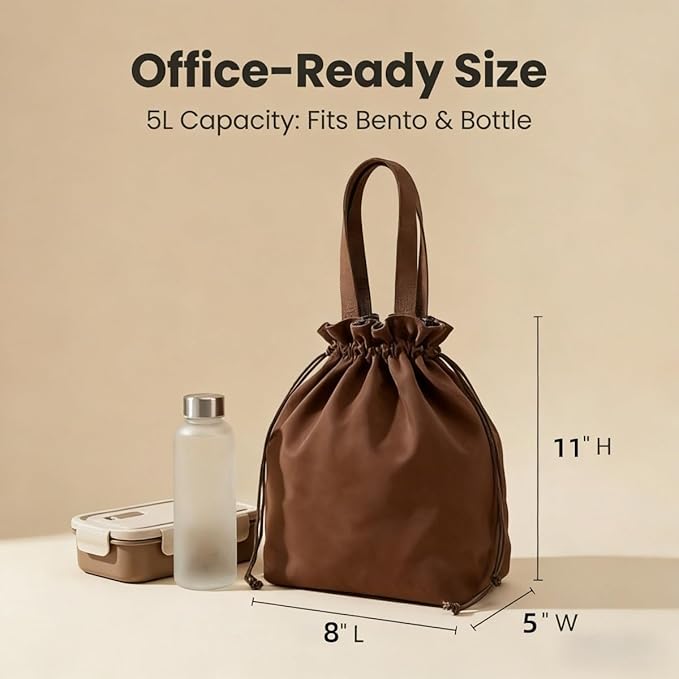 Reusable Small Lunch Bag,Drawstring Lunch Bag,Insulated Handbag Tote bag with Handle (Brown 2.0)