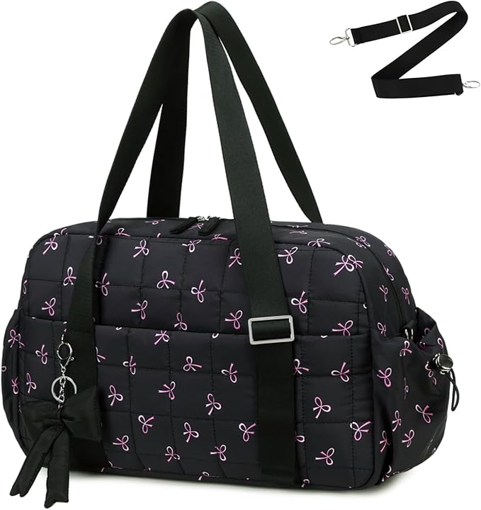 CAMTOP Mini Gym Bag for Women, Small Gym Tote Bag Puffy Quilted Sports Duffel Bag with Wet Compartment and Coin Purse Duffel Bags Dance Yoga Workout Bag for Gifts (Black Bow, Medium-16")
