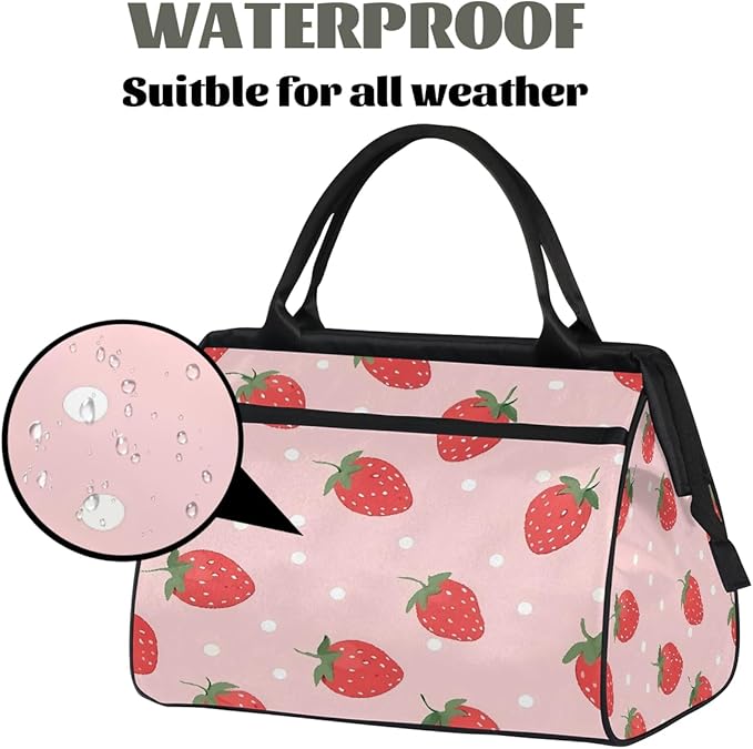 Overnight Weekender Bags for Women Men, Cute Strawberry Polka Dots Waterproof Travel Carry On Duffel Bag, Lightweight Sports Gym Bag for Fitness, Workout, Travel