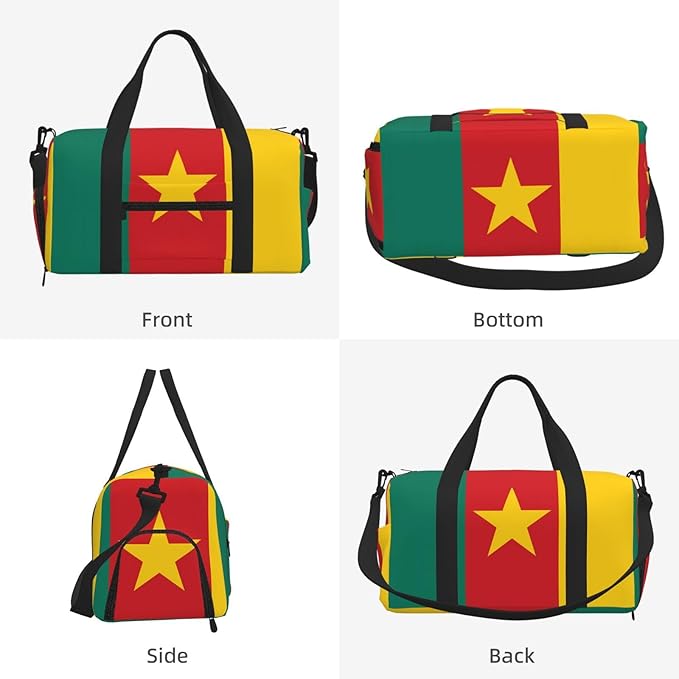 Flag of Cameroon Print Gym Bag with Shoe Compartment for Women Men, 17.7in Sports Duffle Weekender Tote, Overnight Travel Duffel Bag Carry On