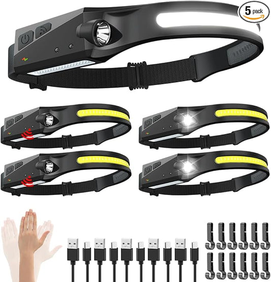 Rechargeable Headlamp 5PCS, 230° Wide Beam Head Lamp, Motion Sensor LED Headlamp Flashlight, 5Mode Headlamps for Adults, Bright Head Lights for Forehead, Hard Hat Headlight