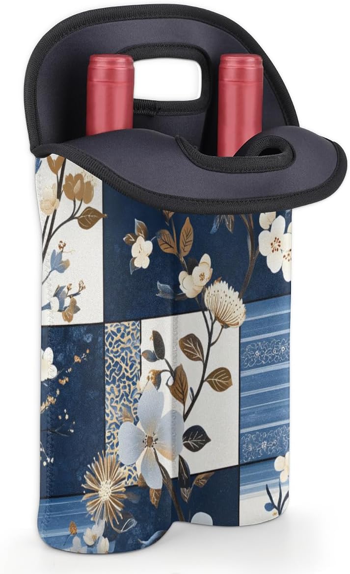 Neoprene Wine Tote, Bottle Carrier Gag Insulating Neoprene Thicker, Insulated Wine Bag for Travel Holds Two Bottles, Bottle Carrier Bags Protect the Bottles, Blue Flowers