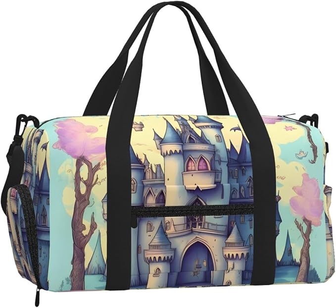 Fairytale Castle Print Gym Bag with Shoe Compartment for Women Men, 17.7in Sports Duffle Weekender Tote, Overnight Travel Duffel Bag Carry On