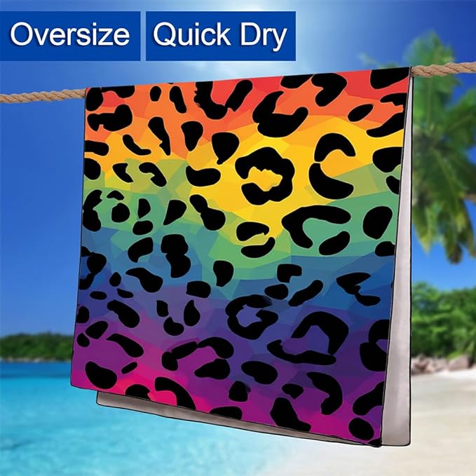Rainbow Leopard Print Beach Towel, 36"x72" Sand Free Quick Dry Thin Lightweight Microfiber Towel Gifts for Travel