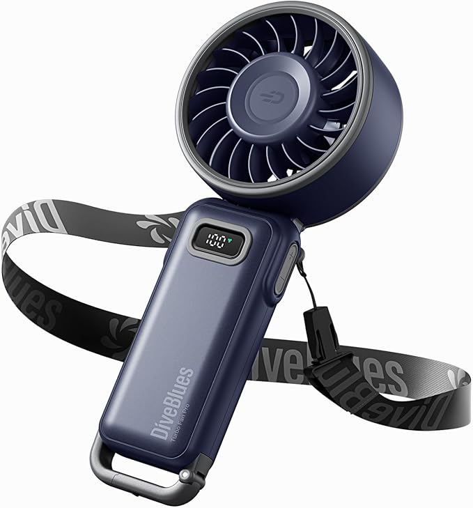 Diveblues Portable Handheld Fan, 7.4m/s High Speed Turbo Fan, 180° Foldable 4-in-1 Personal Neck Fan Integrated Carabiner Clip, 100 Speed Stepless Control, USB-C Rechargeable, 12H Battery, Fanzy D6036