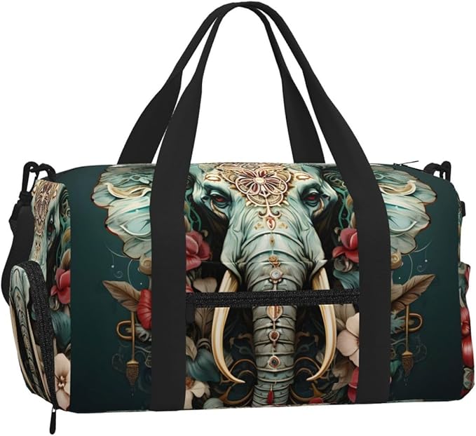 Sports Gym Bag Ethnic Elephant Floral Animal Travel Duffel Bag With Shoe Compartment Shoulder Strap, Lightweight Water-Resistant Weekend Overnight Totes For Women Men