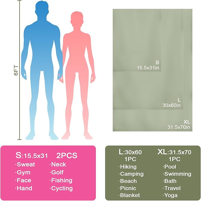 Camping Towel S Size Lightweight Microfiber Fast Drying for Travel Face Hand Neck Body Sweat Towels(Army Green, 2 Pack S)