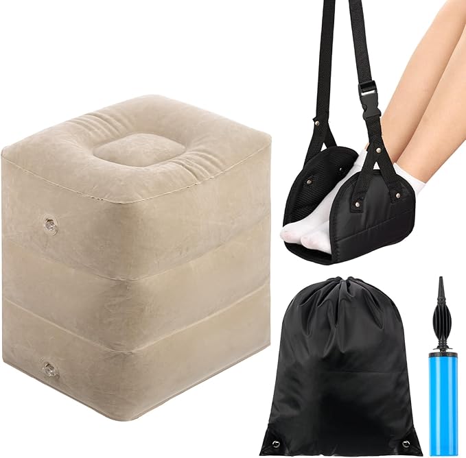 2 Pcs Inflatable Foot Rest Pillow, 2 in 1 Airplane Foot Hammock for Travel, Adjustable 3 Layers Leg Rest Pillow with Pump and Storage Bag Portable for Flights Comfort, Travel Accessories