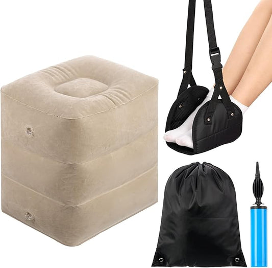 2 Pcs Inflatable Foot Rest Pillow, 2 in 1 Airplane Foot Hammock for Travel, Adjustable 3 Layers Leg Rest Pillow with Pump and Storage Bag Portable for Flights Comfort, Travel Accessories
