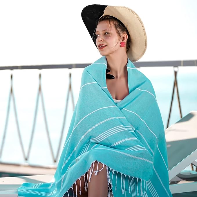 HAVLULAND |Pack of 2| Turkish Beach Towels Oversized 39x71, 100% Turkish Cotton Sand Free Quick Dry Absorbent Towel Travel Blanket for Adults Beach Gift Beach Essentials - Turquoise